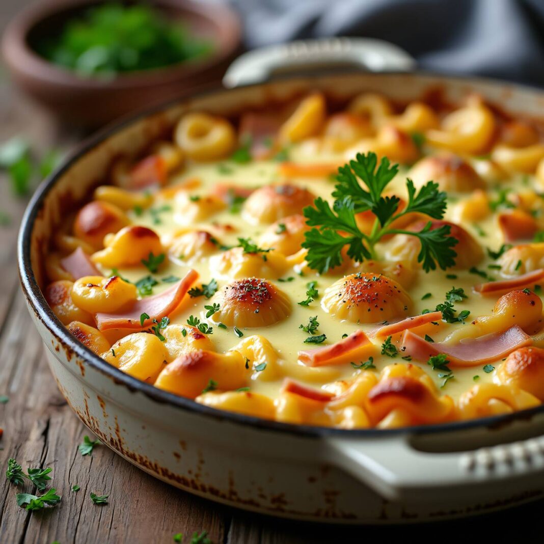 Hörnchen-Nudelnauflauf mit Schinken und Lauch Rezept Hörnchen-Nudelnauflauf mit Schinken und Lauch Rezept