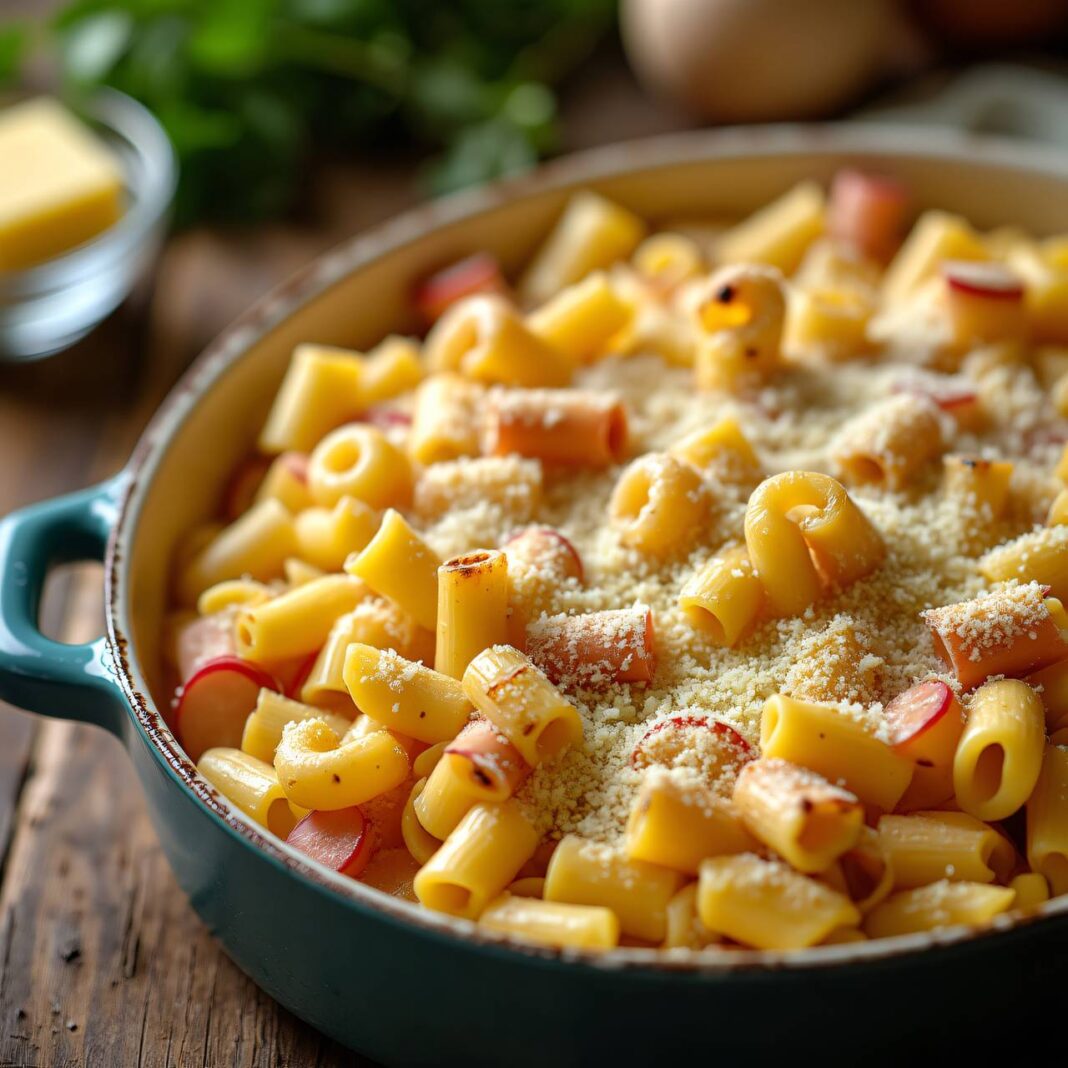 Hörnchen-Nudelnauflauf mit Würstchen Rezept Hörnchen-Nudelnauflauf mit Würstchen Rezept