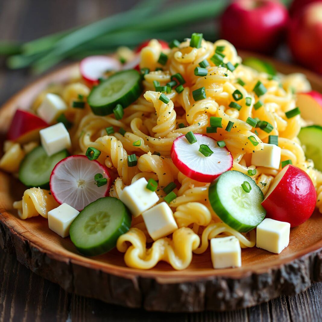 Hörnchen-Nudelsalat mit Radieschen und Apfel Rezept Hörnchen-Nudelsalat mit Radieschen und Apfel Rezept