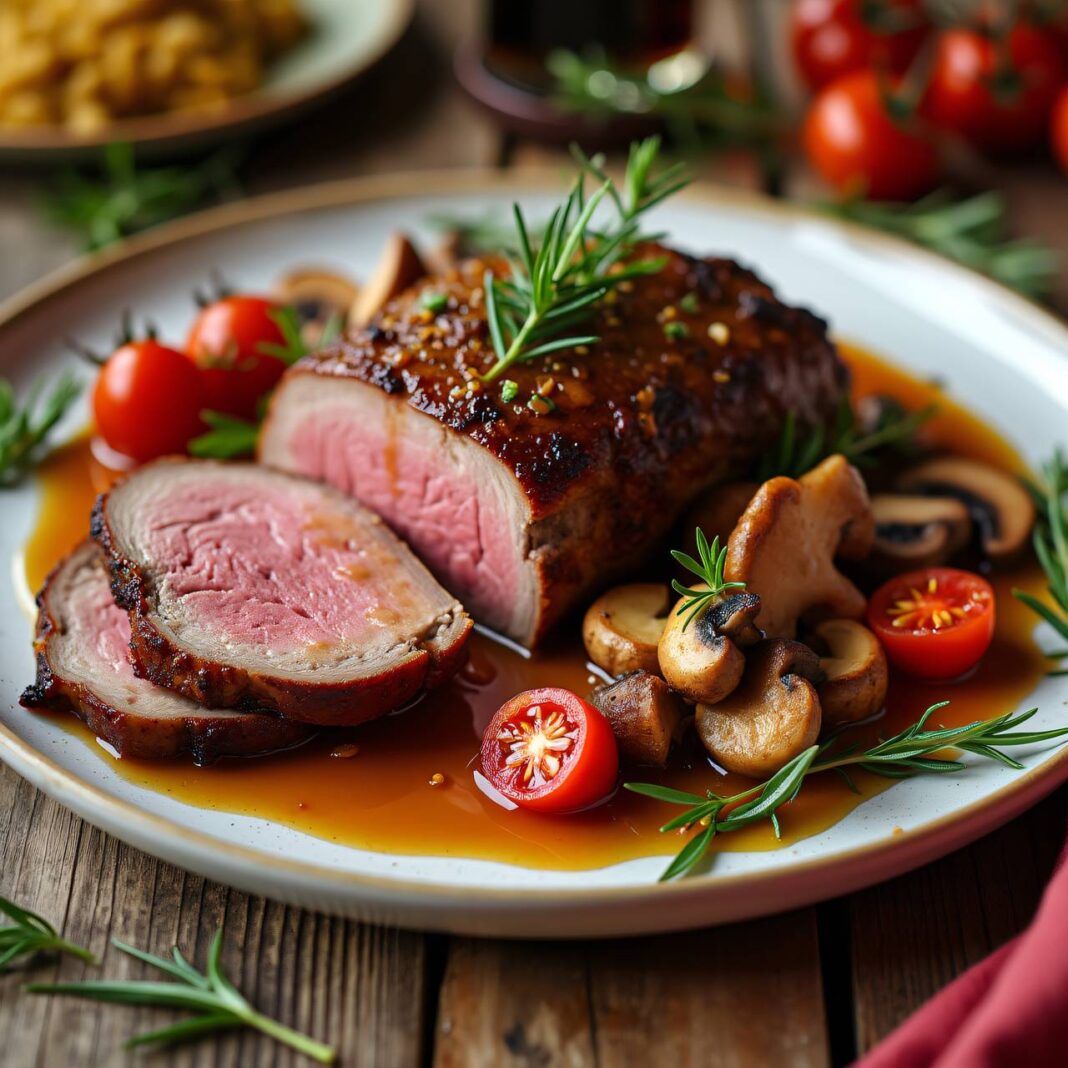 Hohrückenbraten mit Pilzen und Cherrytomaten Rezept Hohrückenbraten mit Pilzen und Cherrytomaten Rezept