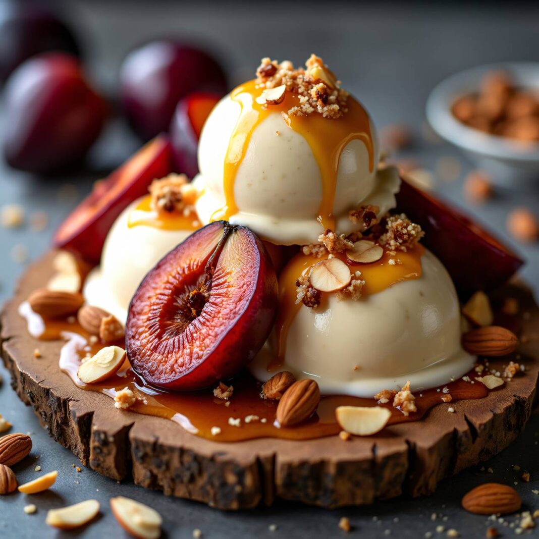 Honig-Joghurt-Eis mit karamellisierten Pflaumen Rezept Honig-Joghurt-Eis mit karamellisierten Pflaumen Rezept