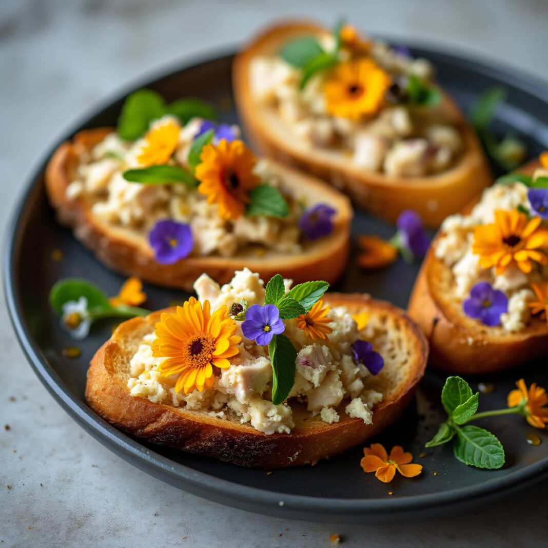 Hühner-Crostini an Holunderblüten-Vinaigrette Rezept Hühner-Crostini an Holunderblüten-Vinaigrette Rezept