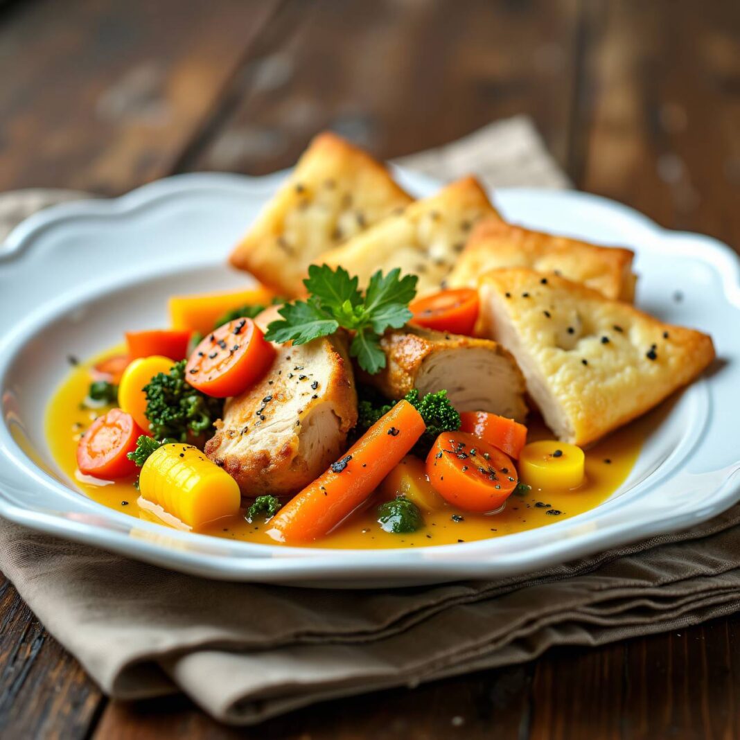 Hühner-Gemüsesauce mit Blätterteig-Feuilletés Rezept Hühner-Gemüsesauce mit Blätterteig-Feuilletés Rezept