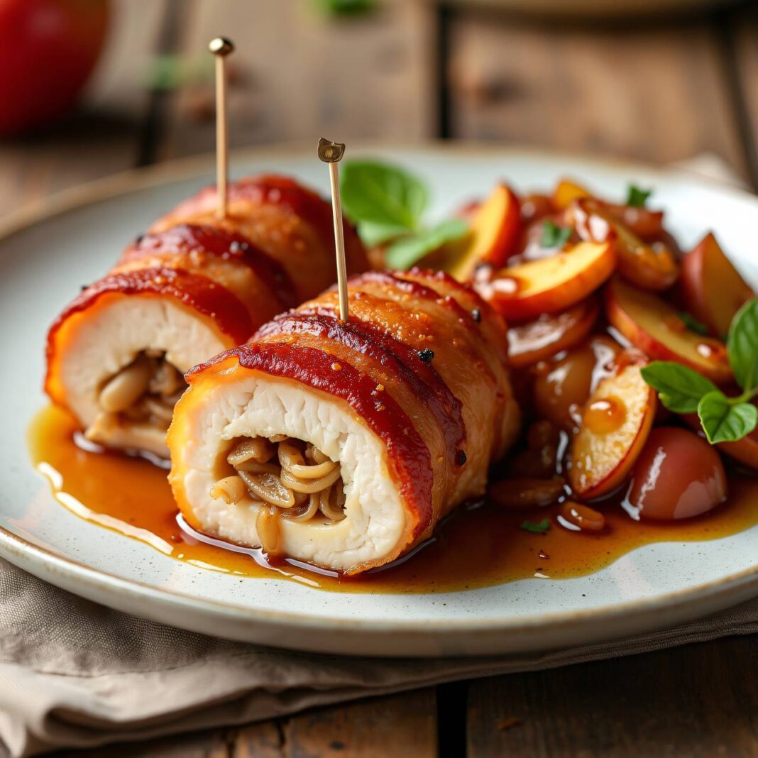 Hühner-Käserollen mit Apfel-Schalotten-Gemüse Rezept Hühner-Käserollen mit Apfel-Schalotten-Gemüse Rezept