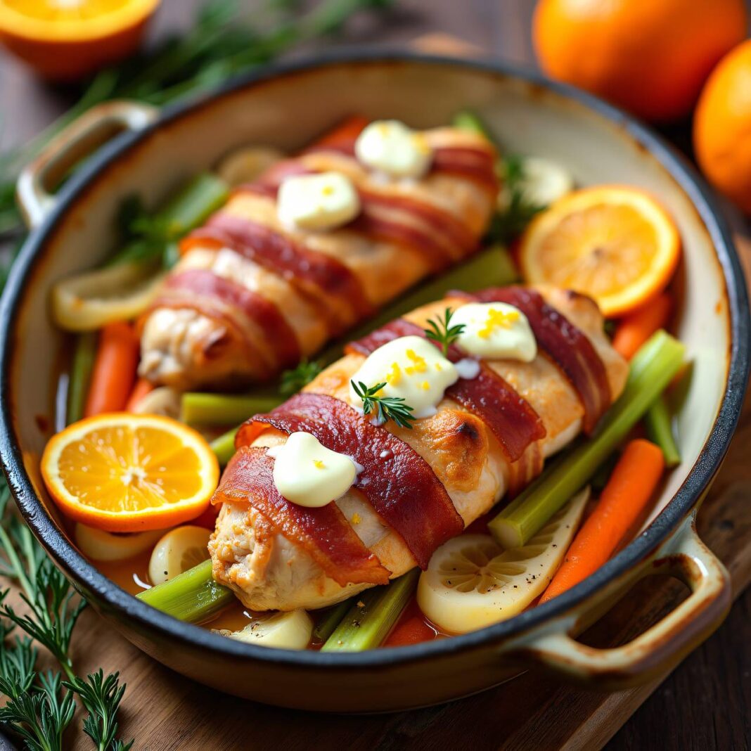 Hühnerbrust aus dem Rohr mit Speck und Gemüse Rezept Hühnerbrust aus dem Rohr mit Speck und Gemüse Rezept