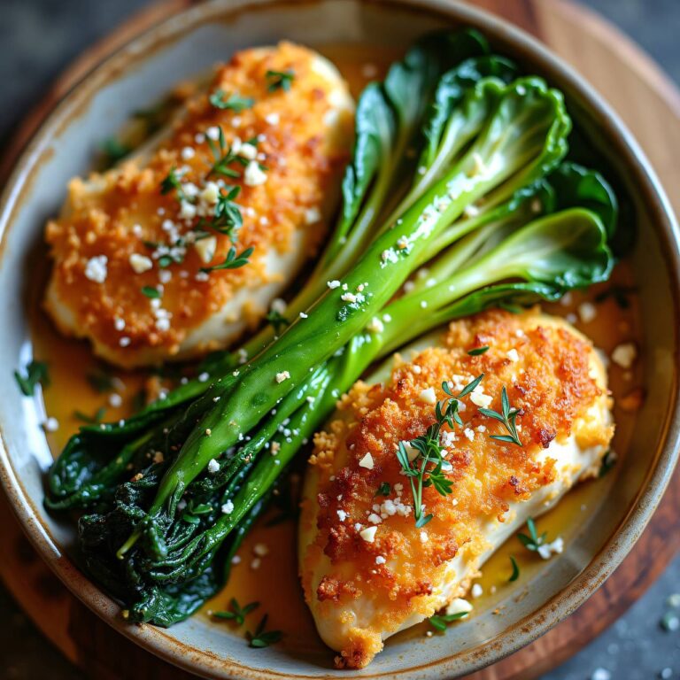 Hühnerbrust mit Käsekruste und Mandel-Pak-Choi Rezept