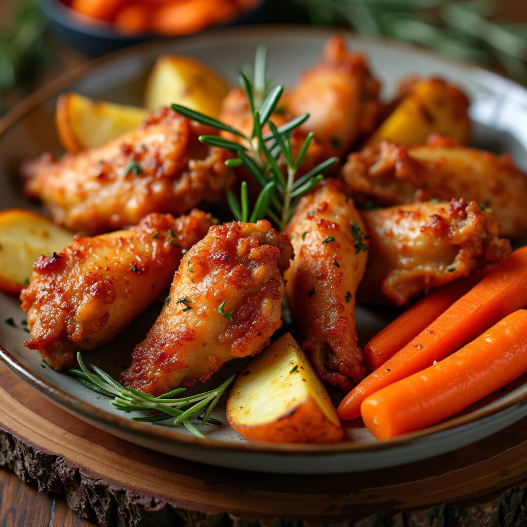 Hühnerflügeli aus dem Rohr mit Wedges und Karotten Rezept Hühnerflügeli aus dem Rohr mit Wedges und Karotten Rezept