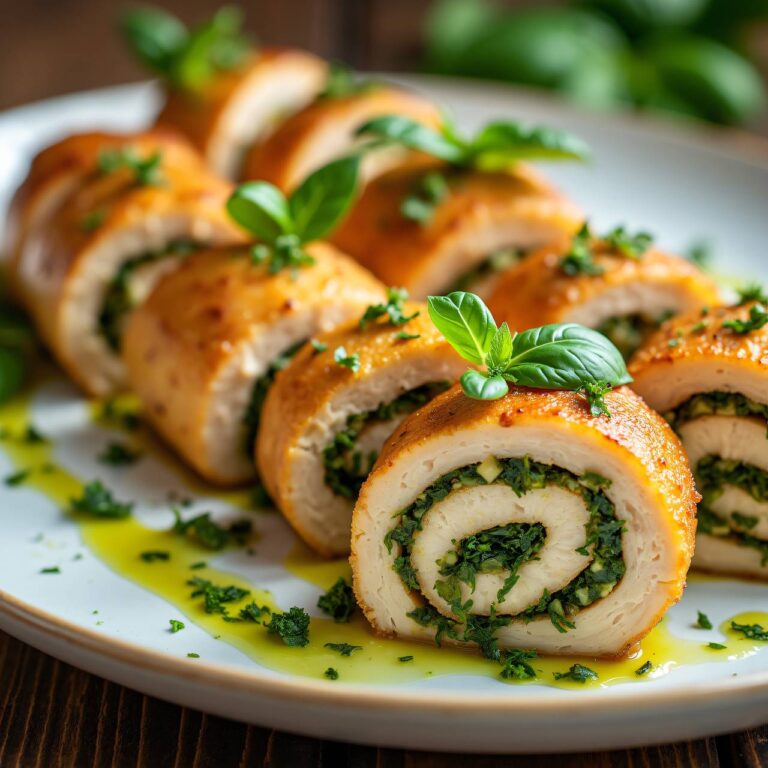 Hühnerröllchen mit Mandel-Zitronenfüllung an Basilikumsauce Rezept