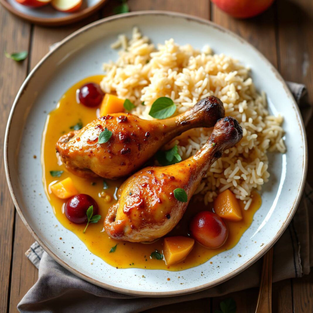 Hühnerschenkel mit Früchtecurry und Reis Rezept Hühnerschenkel mit Früchtecurry und Reis Rezept