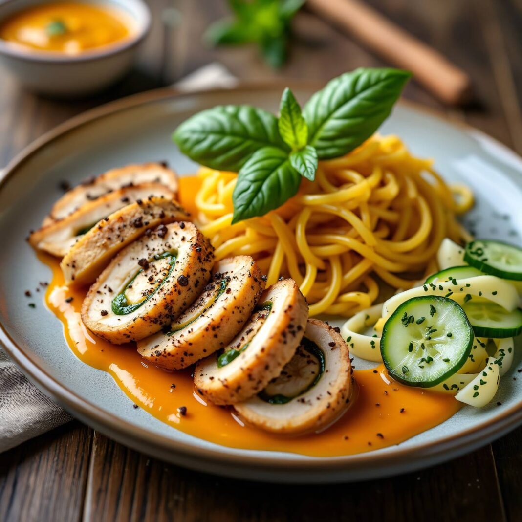 Hühnerschnecken mit Hörnchen-Nudeln und Gurken-Spaghetti Rezept Hühnerschnecken mit Hörnchen-Nudeln und Gurken-Spaghetti Rezept