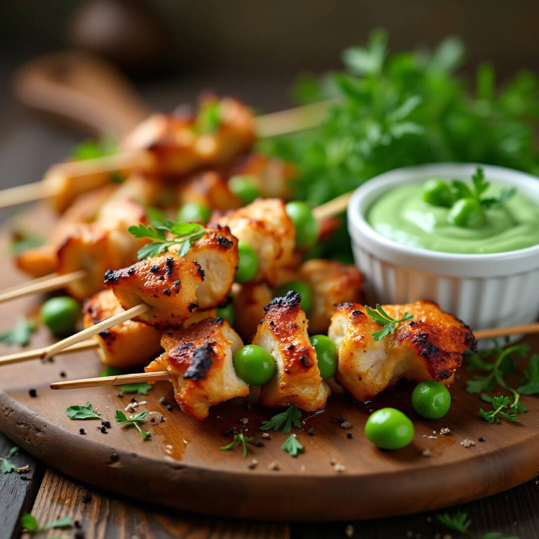 Hühnerspieße mit Erbsensauce Rezept Hühnerspieße mit Erbsensauce Rezept