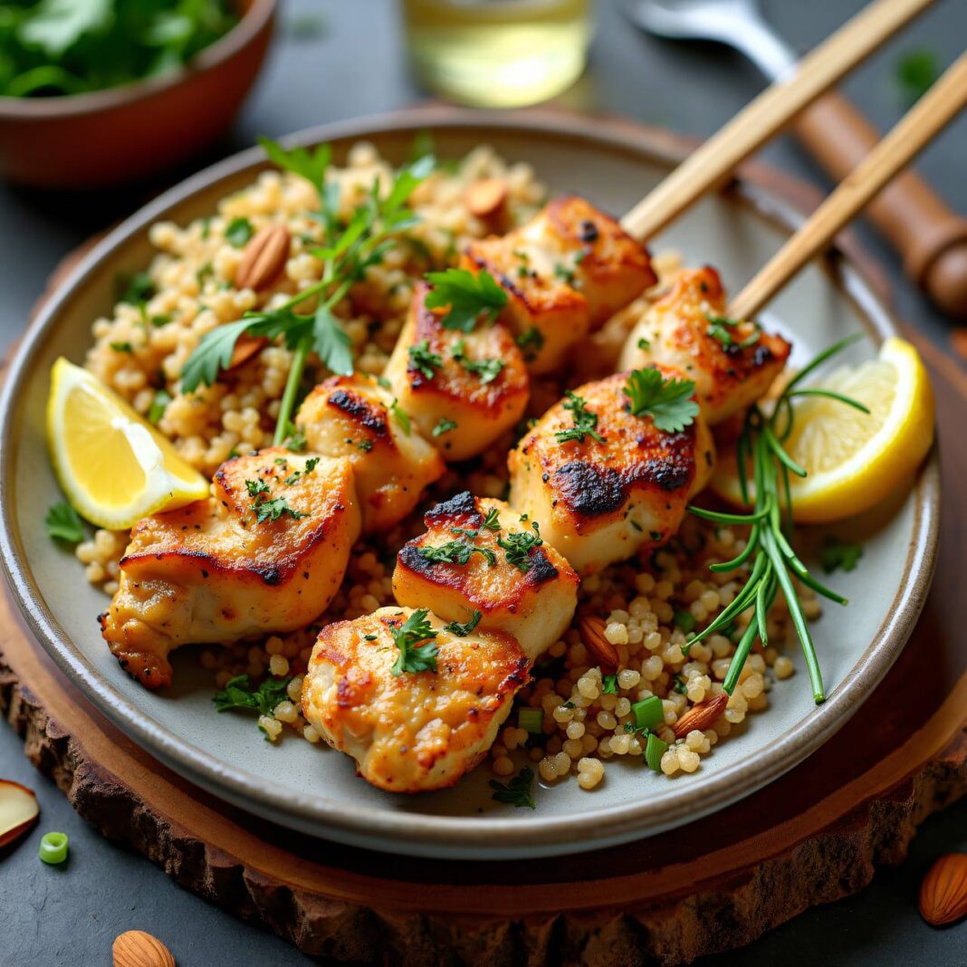 Hühnerspiessli vom Grill mit Bulgursalat Rezept Hühnerspiessli vom Grill mit Bulgursalat Rezept