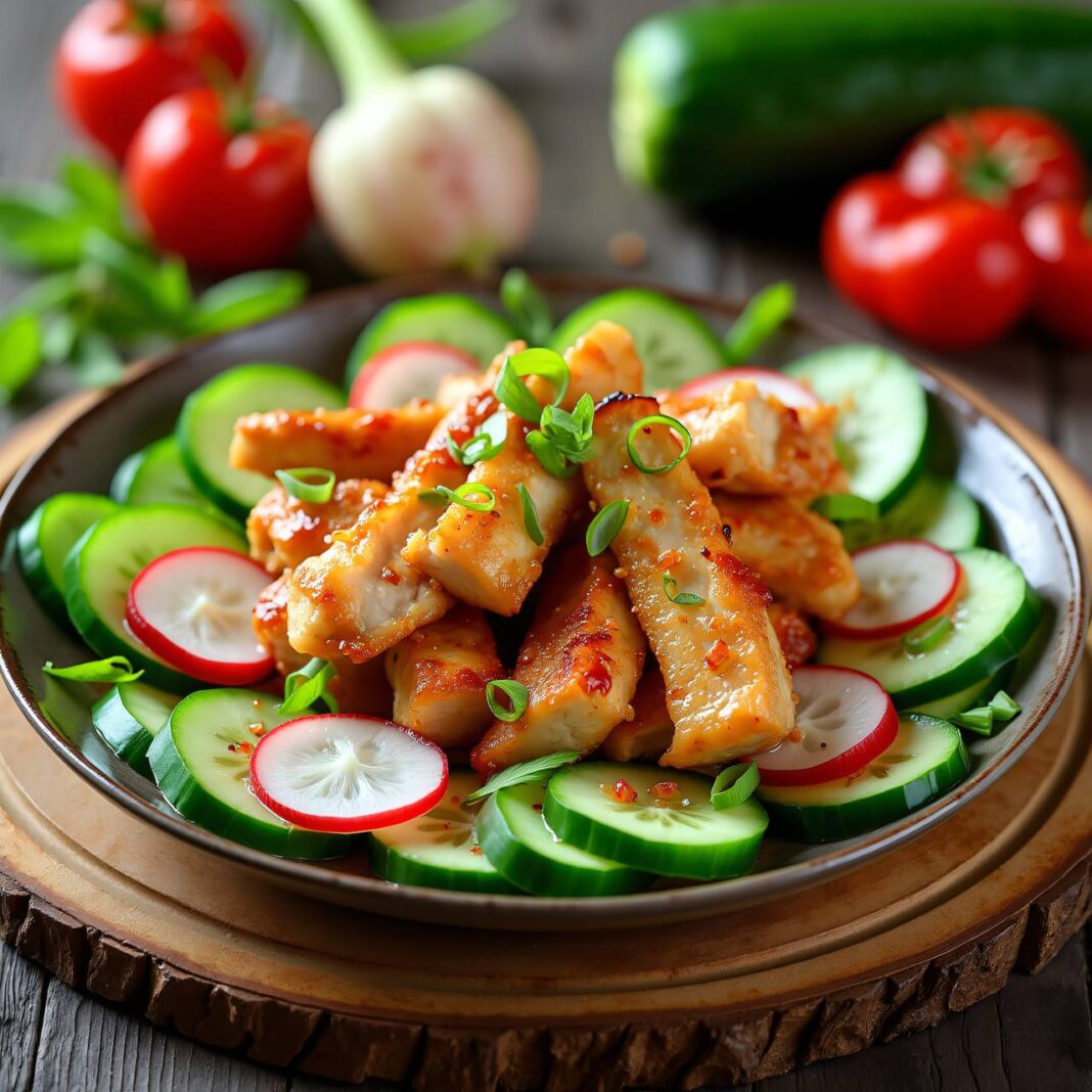 Hühnerstreifen auf Gurkensalat Rezept Hühnerstreifen auf Gurkensalat Rezept