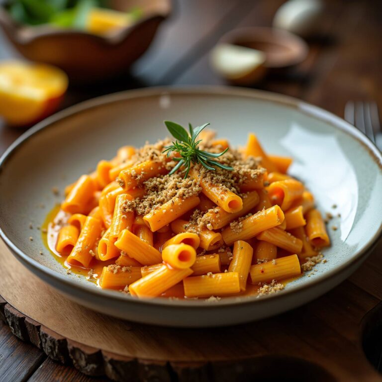 Hüttenkäse-Hörnchen-Nudeln mit Kräuterbröseln Rezept