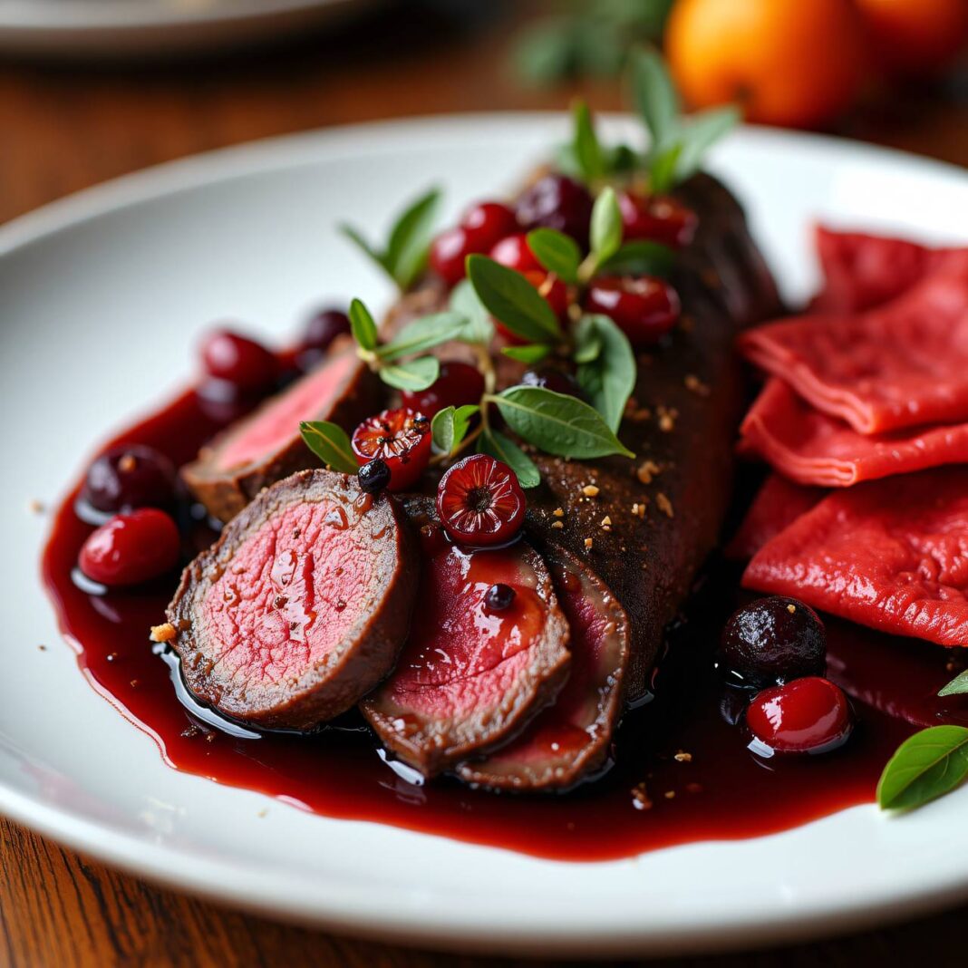 In Rotwein geschmorter Tafelspitz mit roten Teigklößchen Rezept In Rotwein geschmorter Tafelspitz mit roten Teigklößchen Rezept
