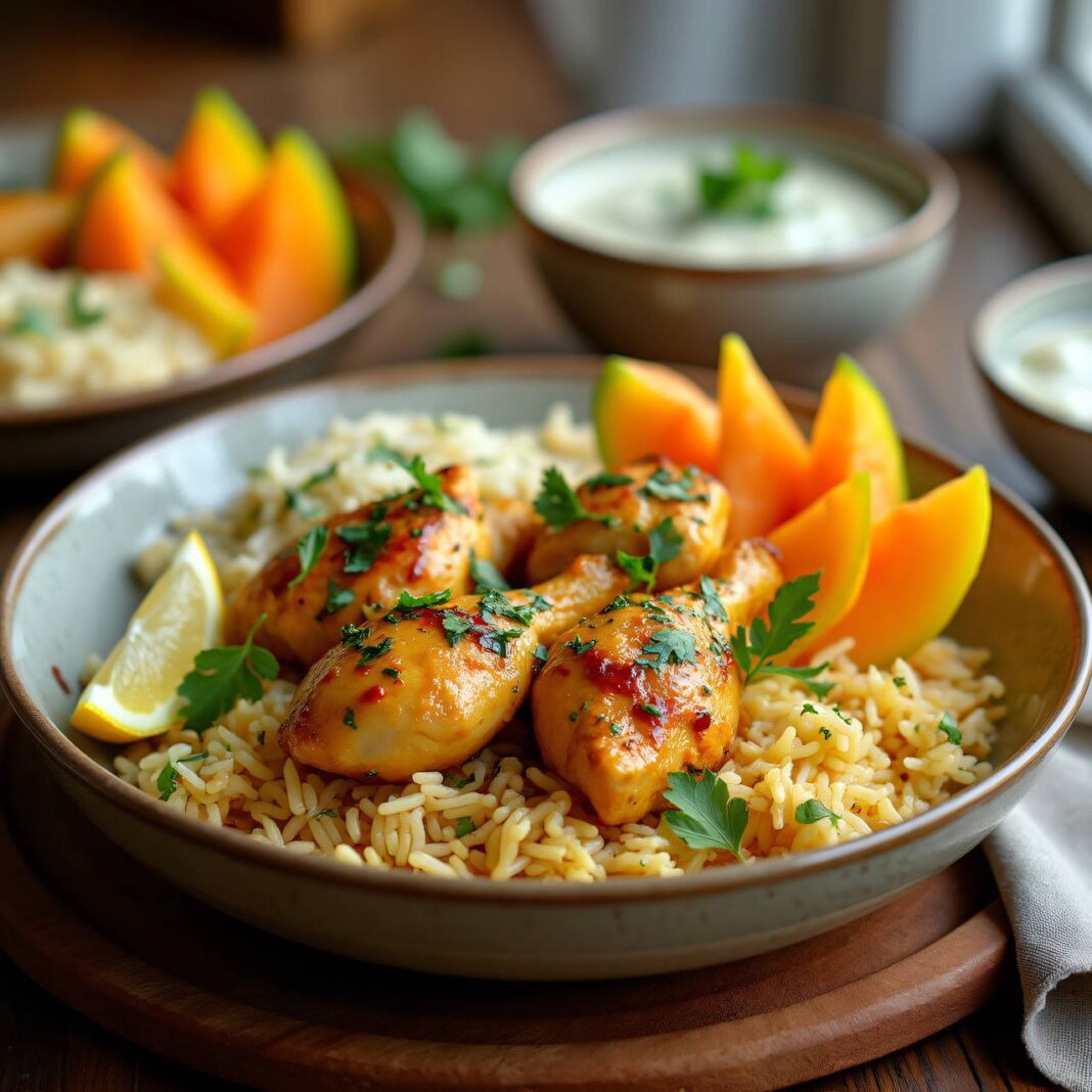 Joghurt-Hühnchen mit Reis und Melone Rezept Joghurt-Hühnchen mit Reis und Melone Rezept