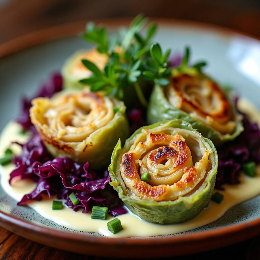 Käse in der Krautrolle an Schnittlauchsauce Rezept Käse in der Krautrolle an Schnittlauchsauce Rezept