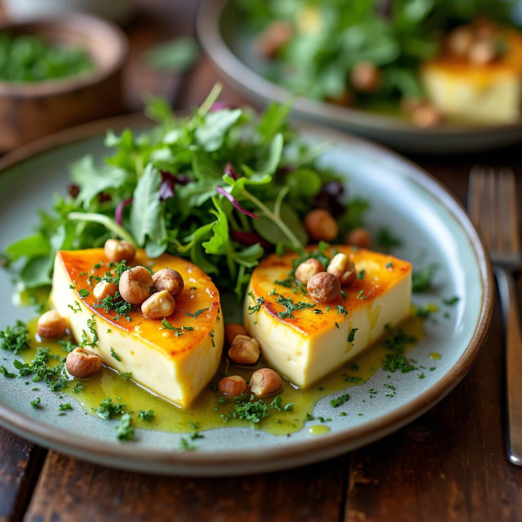 Käse mit Haselnüssen und Sommersalat an Kräuter-Vinaigrette Rezept Käse mit Haselnüssen und Sommersalat an Kräuter-Vinaigrette Rezept