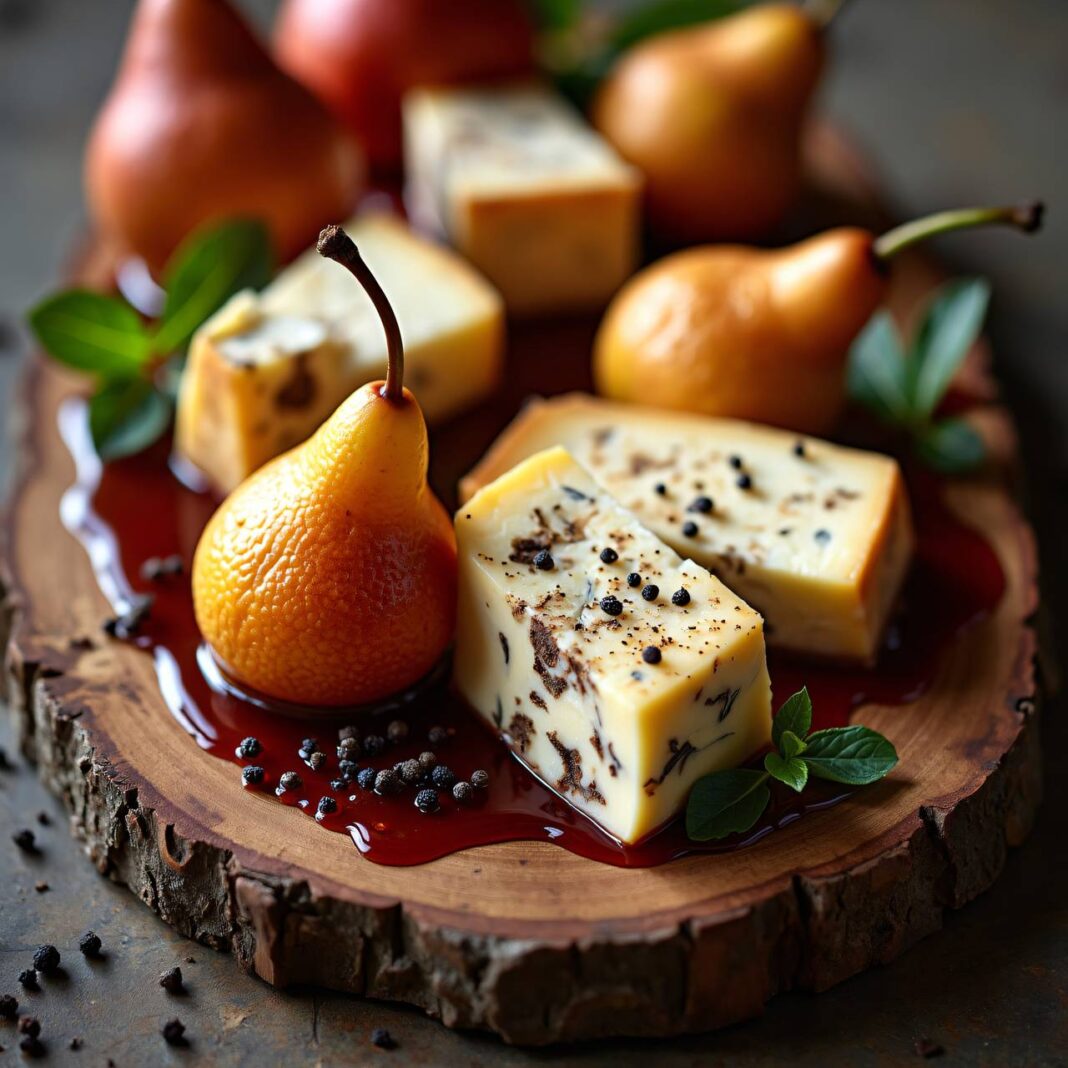 Käse mit Rotwein-Honig-Birnen Rezept Käse mit Rotwein-Honig-Birnen Rezept