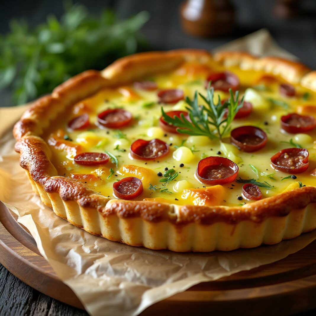 Käseblechkuchen mit Lauch und Wurst Rezept Käseblechkuchen mit Lauch und Wurst Rezept