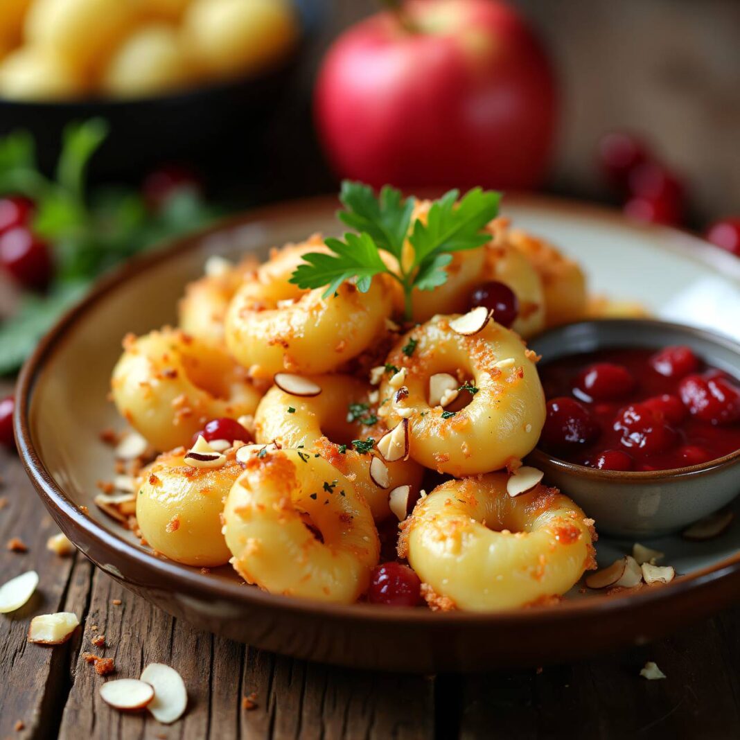 Käseknöpfli mit Apfel-Preiselbeer-Mousse Rezept Käseknöpfli mit Apfel-Preiselbeer-Mousse Rezept