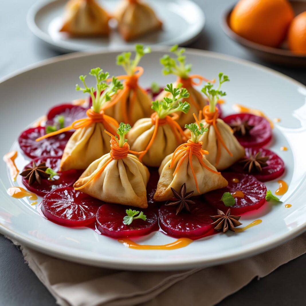 Käsepäckli mit mariniertem Rote-Bete-Carpaccio Rezept Käsepäckli mit mariniertem Rote-Bete-Carpaccio Rezept