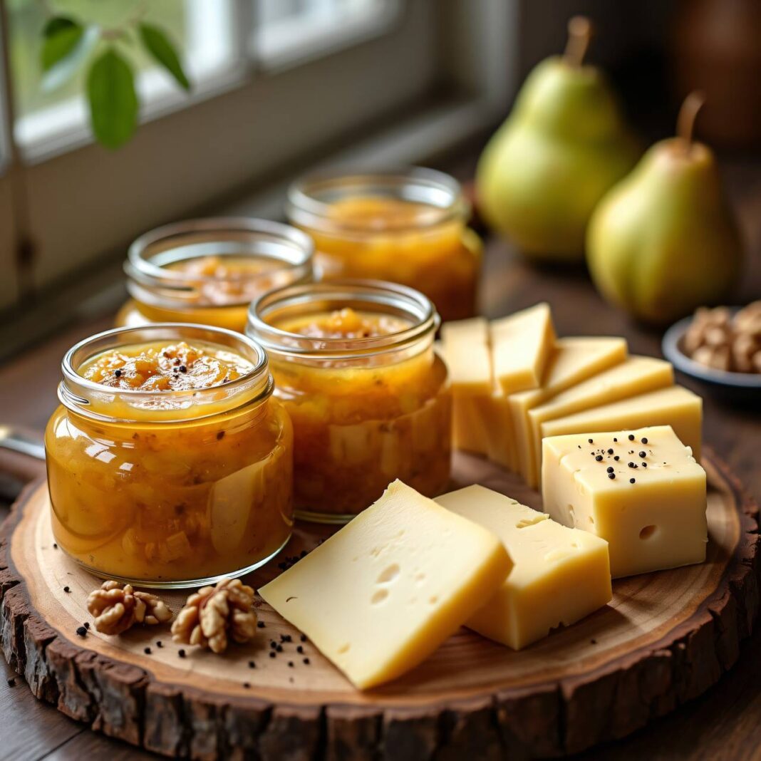 Käseplättchen mit Birnen-Senf-Marmelade Rezept Käseplättchen mit Birnen-Senf-Marmelade Rezept