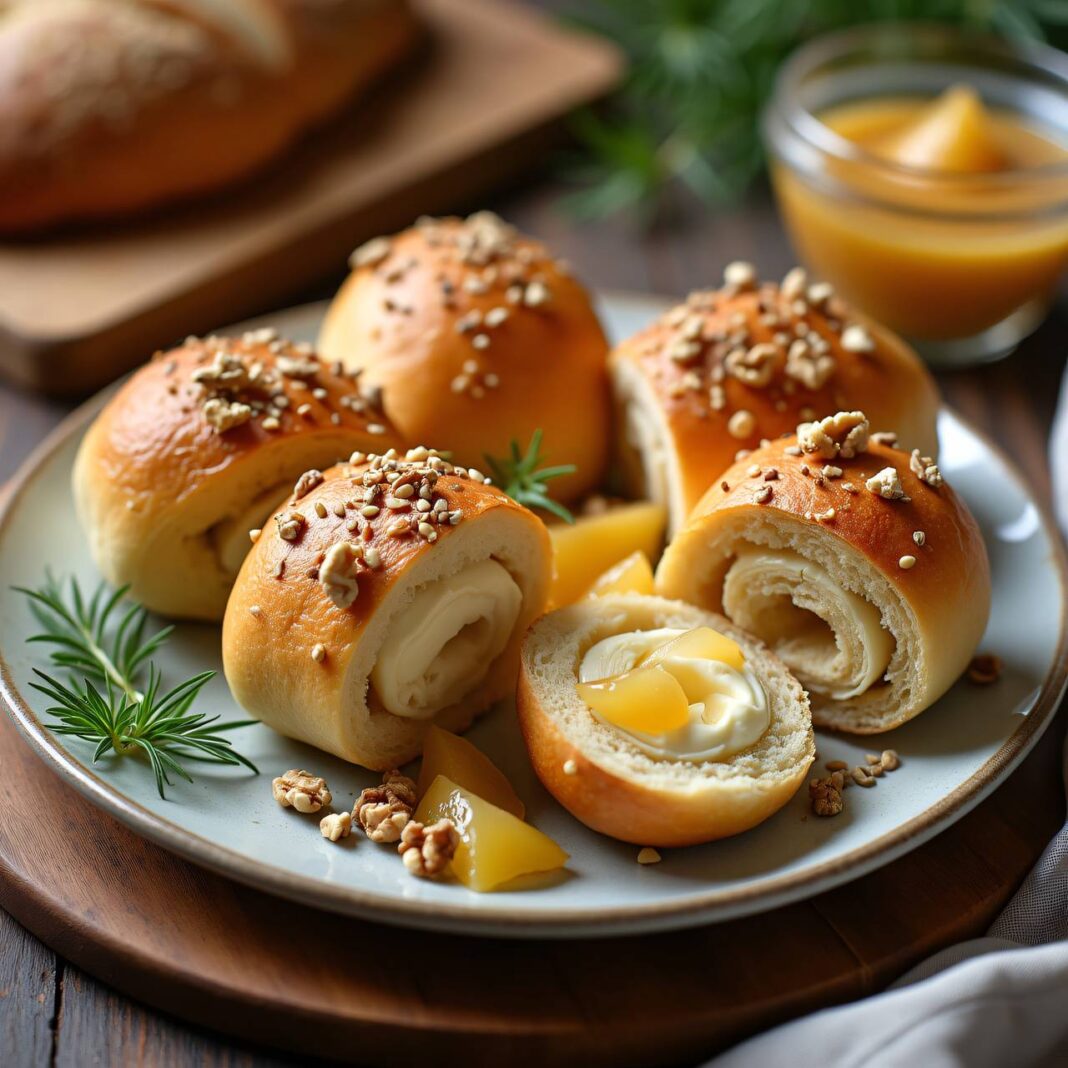 Käseröllchen mit Quittencrèmefüllung und Kernenbrötchen Rezept Käseröllchen mit Quittencrèmefüllung und Kernenbrötchen Rezept