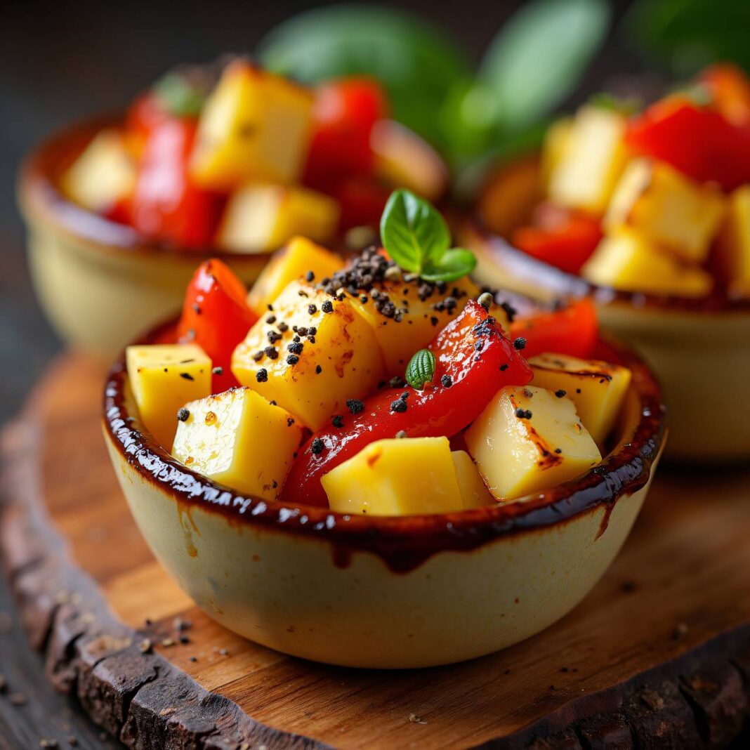 Käsewürfel mit grillierten Paprika Rezept Käsewürfel mit grillierten Paprika Rezept