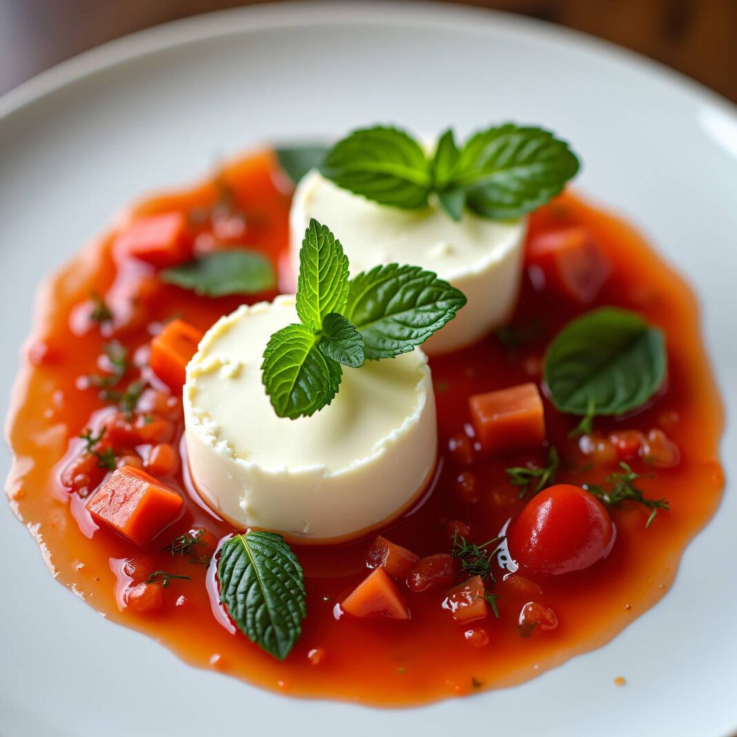Käsewürfel mit Minze an Tomaten-Vinaigrette Rezept Käsewürfel mit Minze an Tomaten-Vinaigrette Rezept