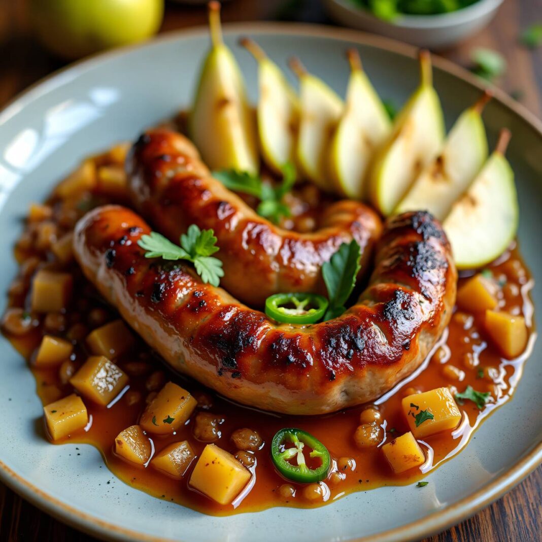 Kalbsbratwurst mit Birnen-Nelken-Chutney Rezept Kalbsbratwurst mit Birnen-Nelken-Chutney Rezept