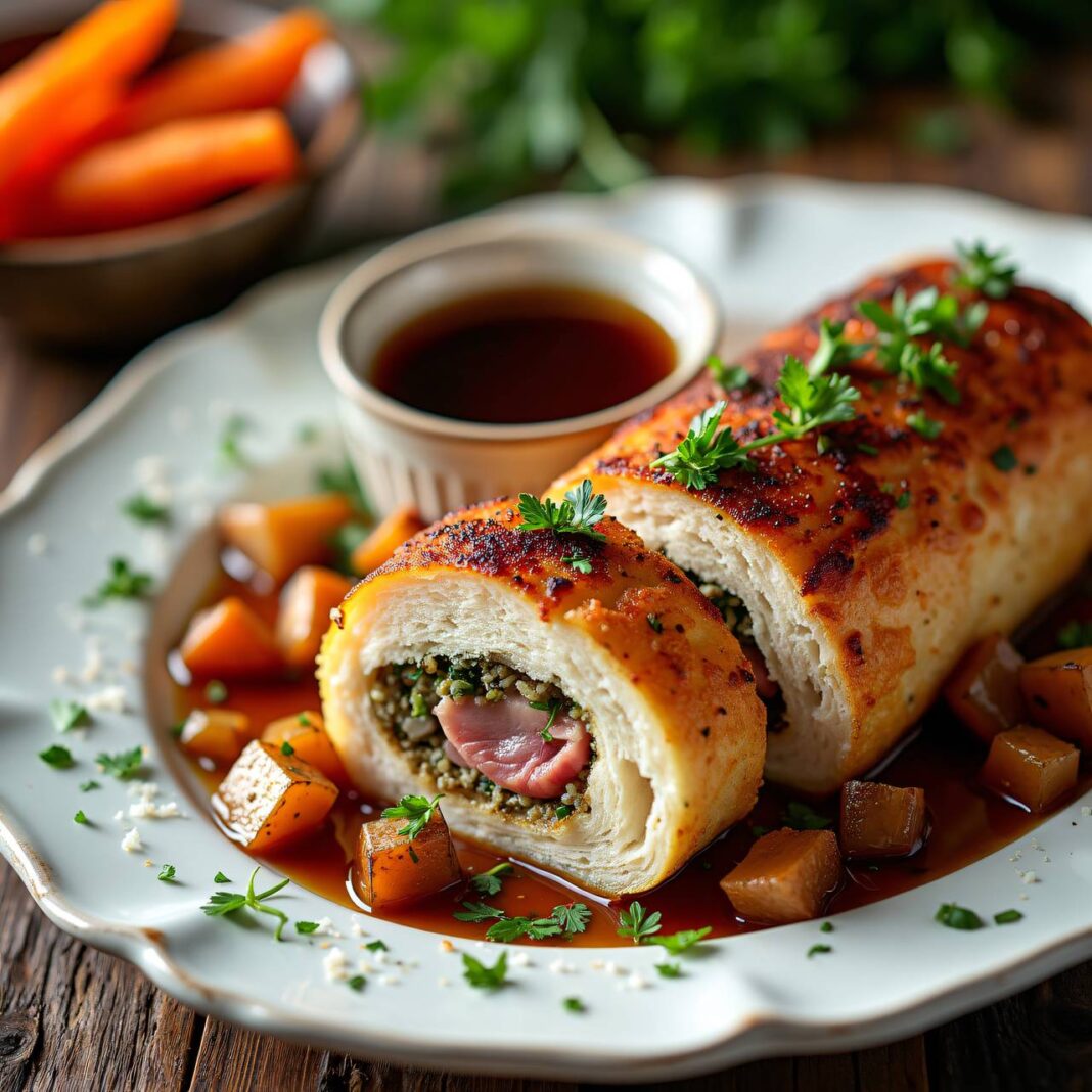 Kalbsbrust mit Brot-Schinken-Füllung Rezept Kalbsbrust mit Brot-Schinken-Füllung Rezept