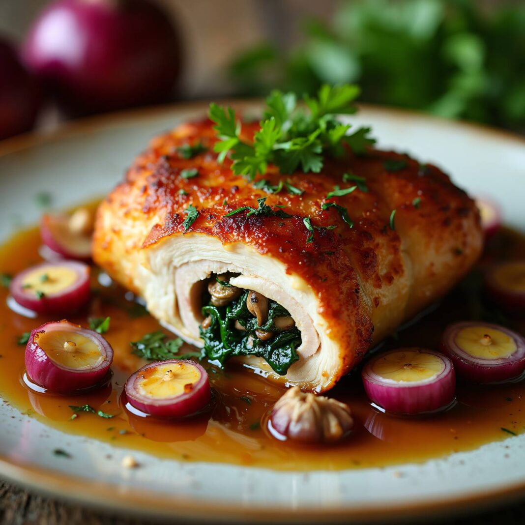 Kalbsbrust mit Spinat-Pilz-Brät-Füllung Rezept Kalbsbrust mit Spinat-Pilz-Brät-Füllung Rezept