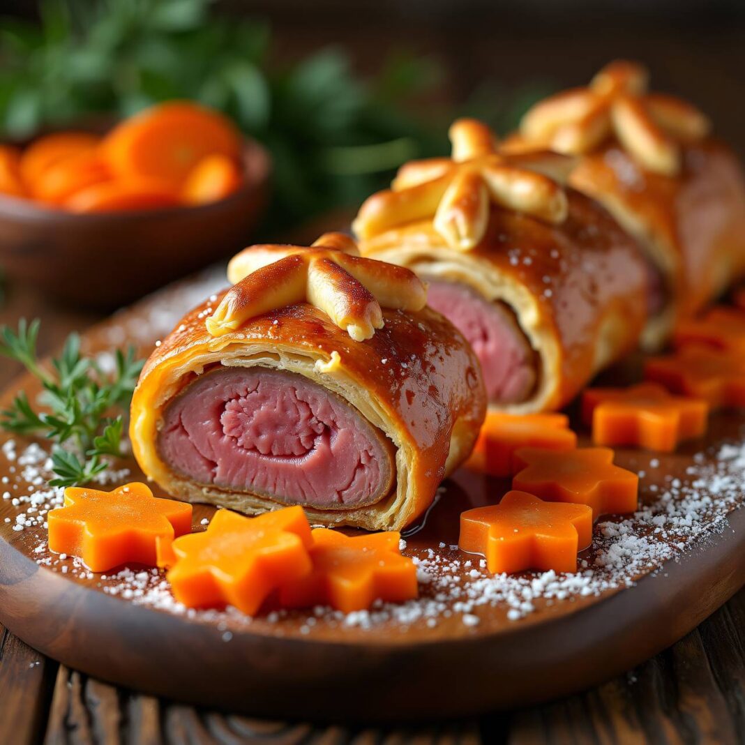 Kalbsfilet im Teig mit Dörrobstfüllung und Karotten Rezept Kalbsfilet im Teig mit Dörrobstfüllung und Karotten Rezept