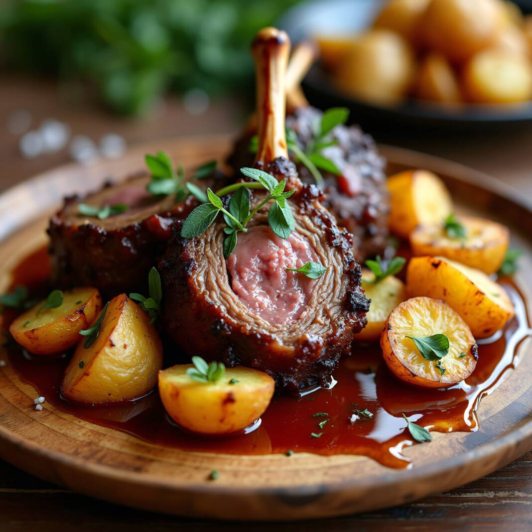 Kalbshaxe mit Kräutersauce und neuen Bratkartoffeln Rezept Kalbshaxe mit Kräutersauce und neuen Bratkartoffeln Rezept