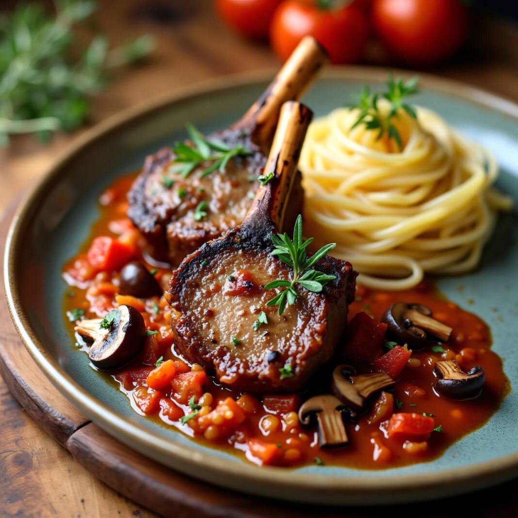 Kalbshaxen mit Pilzen an Dörrtomatensauce Rezept Kalbshaxen mit Pilzen an Dörrtomatensauce Rezept