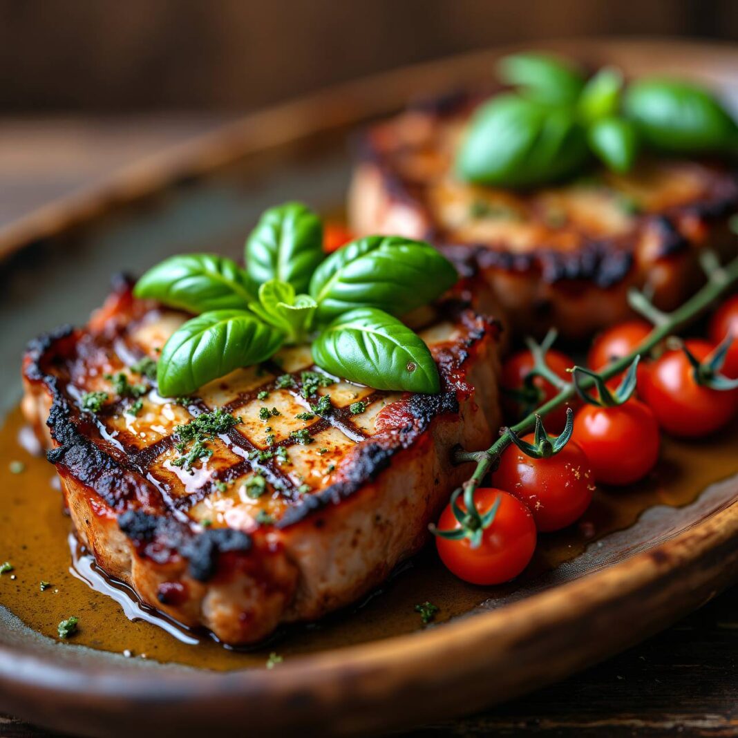 Kalbskoteletts mit grillierten Cherrytomaten und Basilikumbutter Rezept Kalbskoteletts mit grillierten Cherrytomaten und Basilikumbutter Rezept