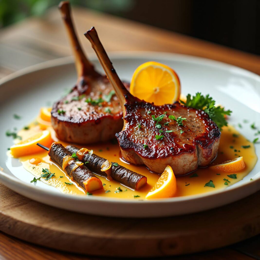 Kalbskoteletts mit Orangensauce und Schwarzwurzel-Spießchen Rezept Kalbskoteletts mit Orangensauce und Schwarzwurzel-Spießchen Rezept