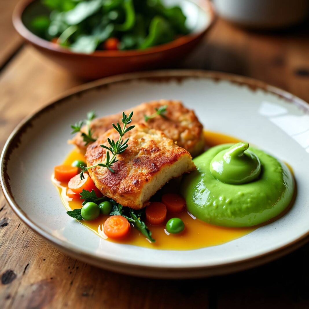 Kalbsschnitzelchen an Gemüsesauce mit Erbsenpüree Rezept Kalbsschnitzelchen an Gemüsesauce mit Erbsenpüree Rezept