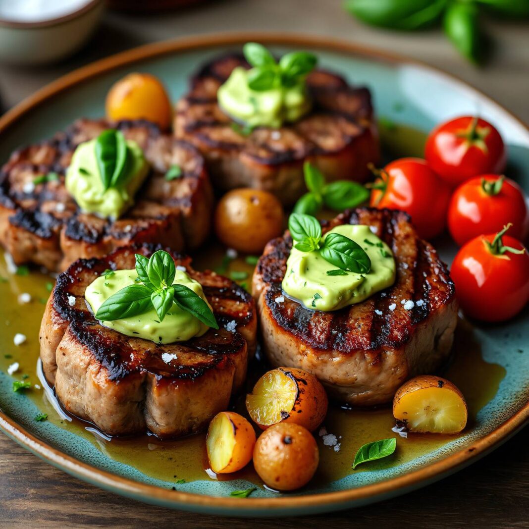 Kalbssteaks mit Basilikumbutter und neuen Kartoffeln Rezept Kalbssteaks mit Basilikumbutter und neuen Kartoffeln Rezept