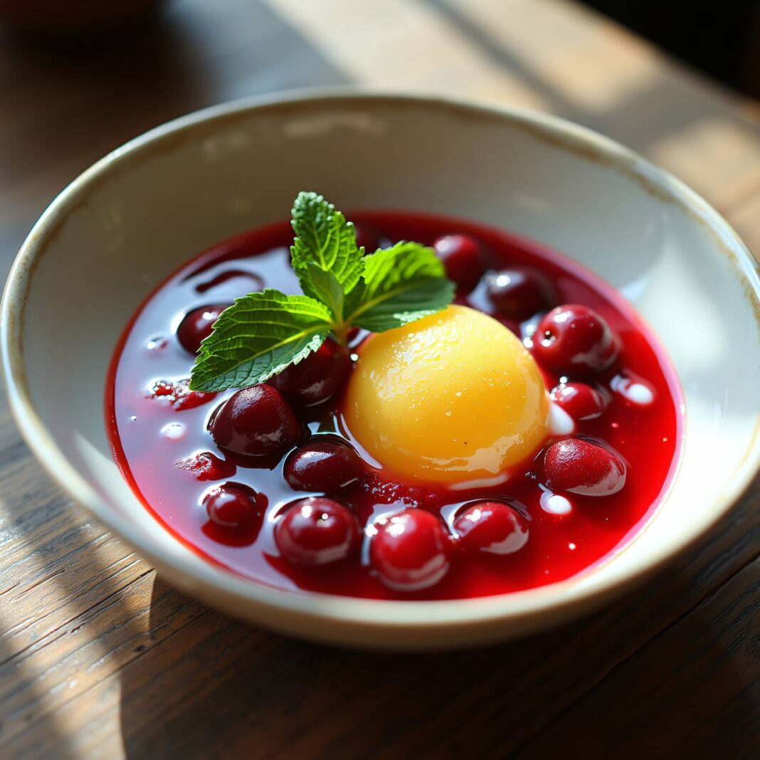 Kalte Kirschensuppe mit Zitronensorbet Rezept Kalte Kirschensuppe mit Zitronensorbet Rezept