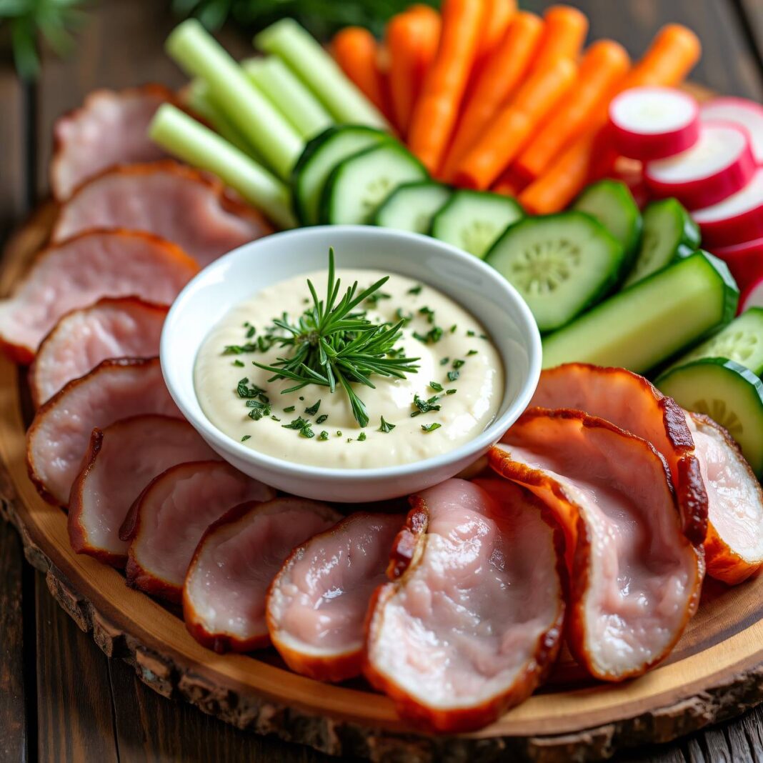 Kalter Braten mit Gemüse und Estragondip Rezept Kalter Braten mit Gemüse und Estragondip Rezept