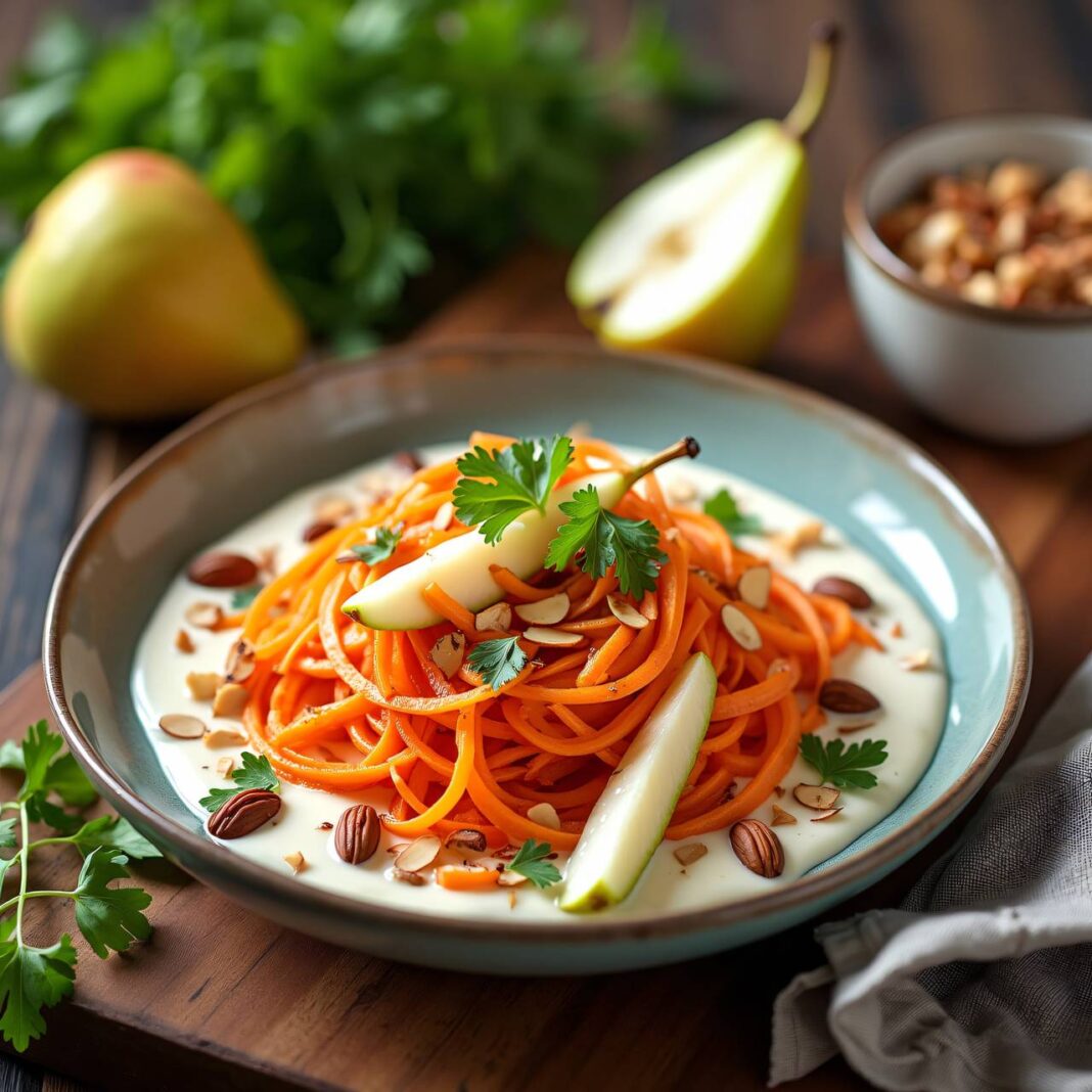 Karotten-Birnen-Salat mit gerösteten Mandeln Rezept Karotten-Birnen-Salat mit gerösteten Mandeln Rezept