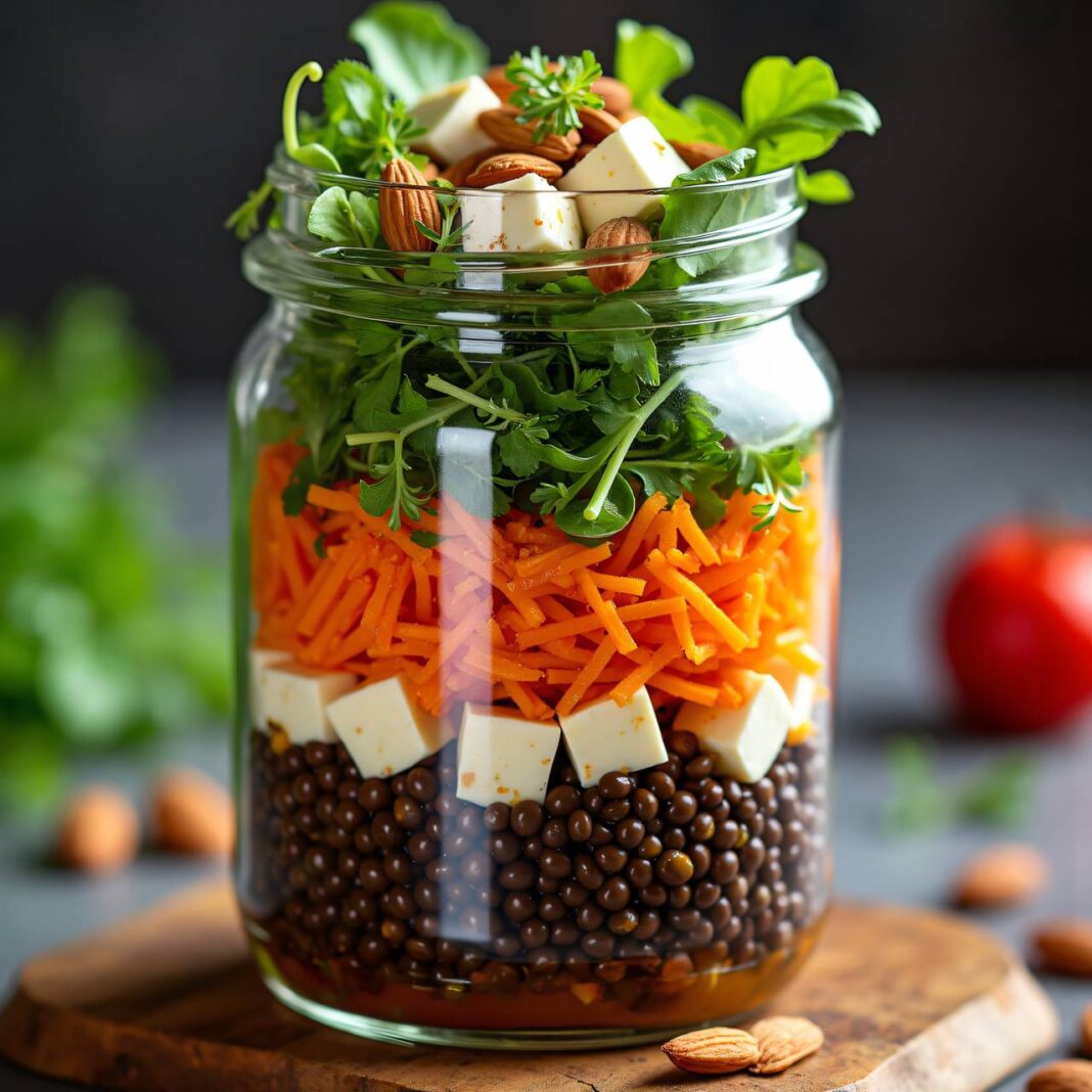 Karotten-Linsen-Salat im Glas mit Frischkäse Rezept Karotten-Linsen-Salat im Glas mit Frischkäse Rezept