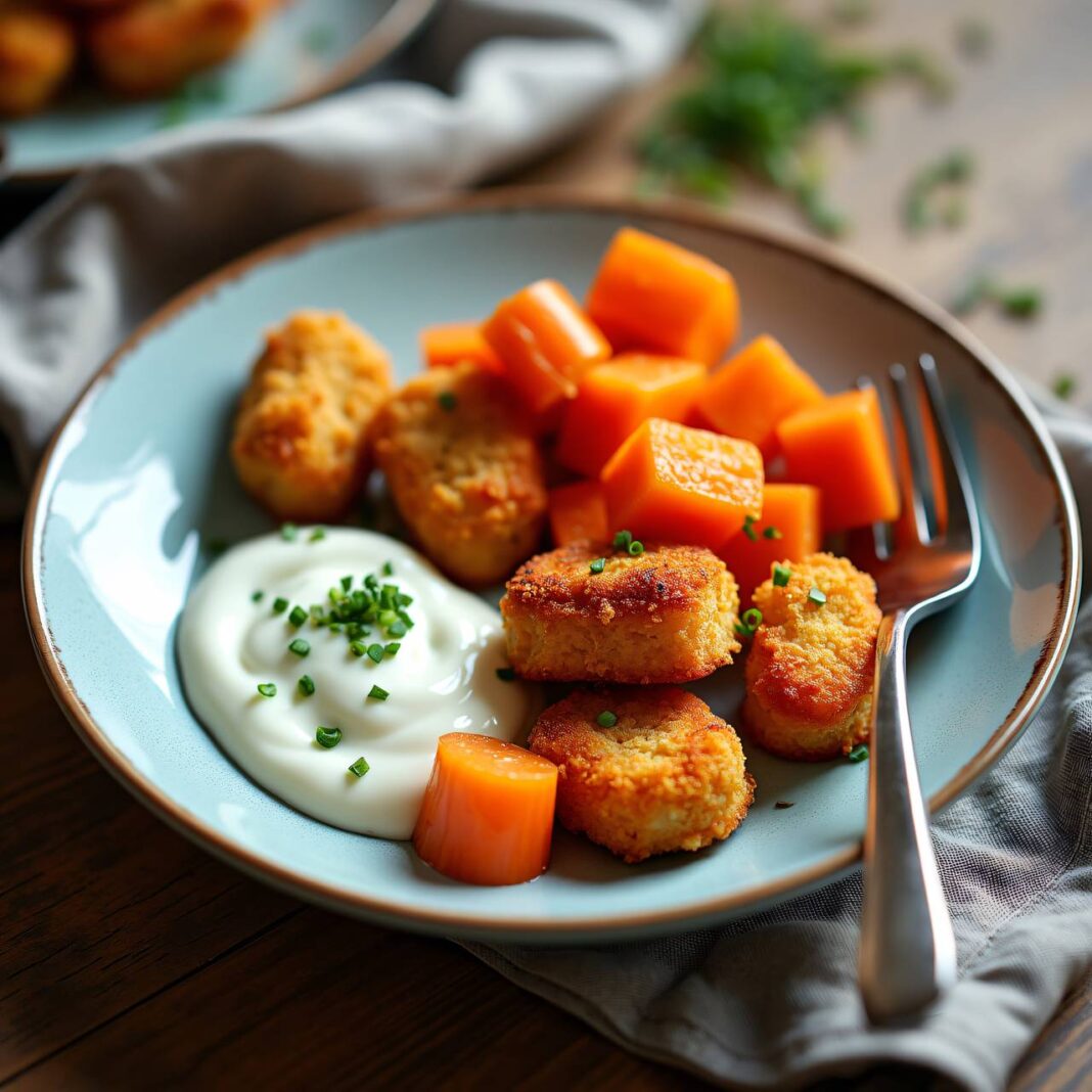 Karotten mit Chicken-Nuggets und Kräuterquark (Low Carb) Rezept Karotten mit Chicken-Nuggets und Kräuterquark (Low Carb) Rezept