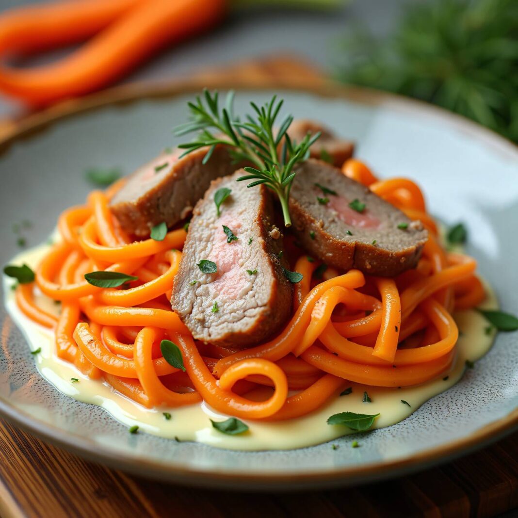 Karotten-Nudeln mit Fleischstreifen Rezept Karotten-Nudeln mit Fleischstreifen Rezept