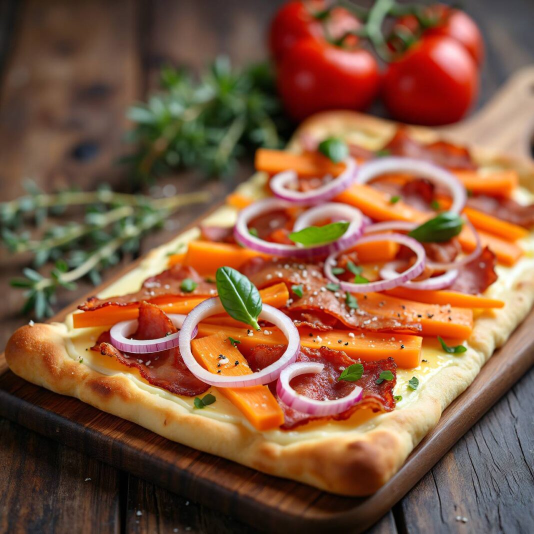 Karotten-Speck-Flammkuchen mit Quark Rezept Karotten-Speck-Flammkuchen mit Quark Rezept