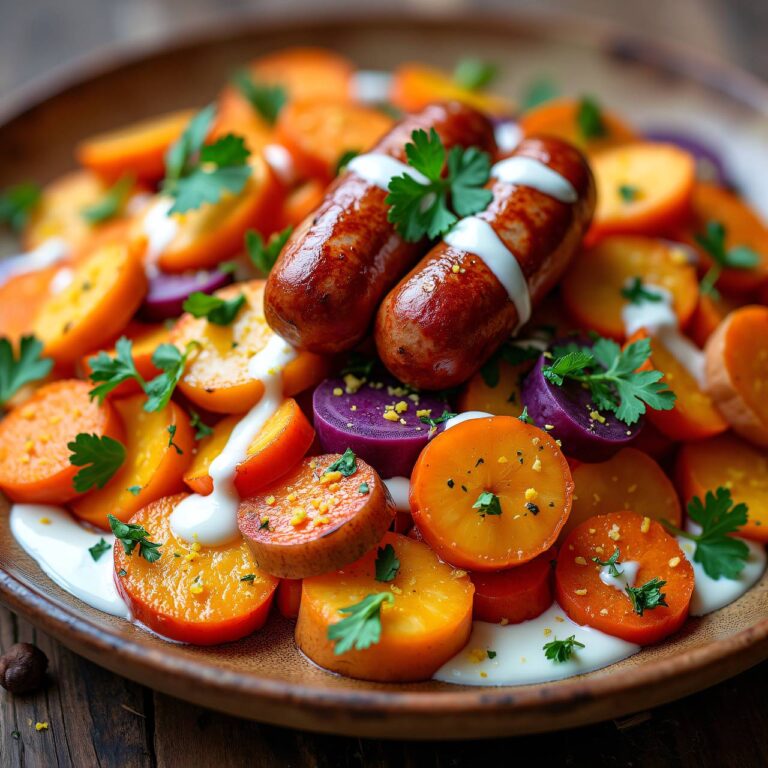 Karotten-Süßkartoffelsalat mit Würstchen Rezept