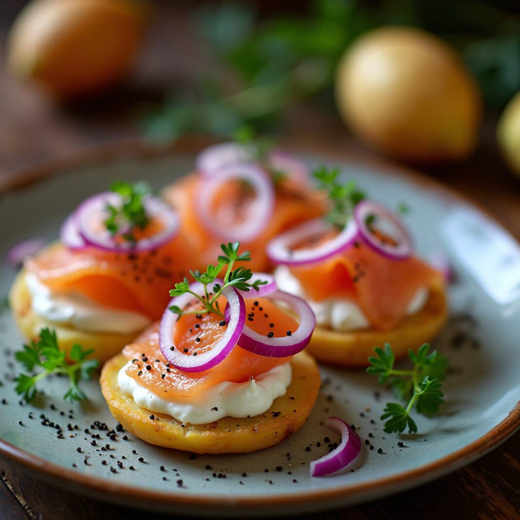 Kartoffel-Blinis mit geräuchertem Fisch Rezept Kartoffel-Blinis mit geräuchertem Fisch Rezept