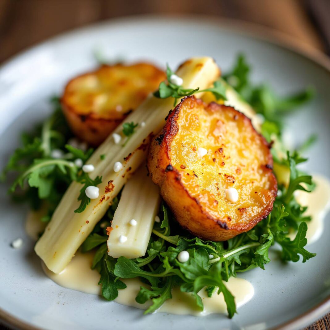 Kartoffel-Croûtons auf Salat an Joghurt-Dressing Rezept Kartoffel-Croûtons auf Salat an Joghurt-Dressing Rezept